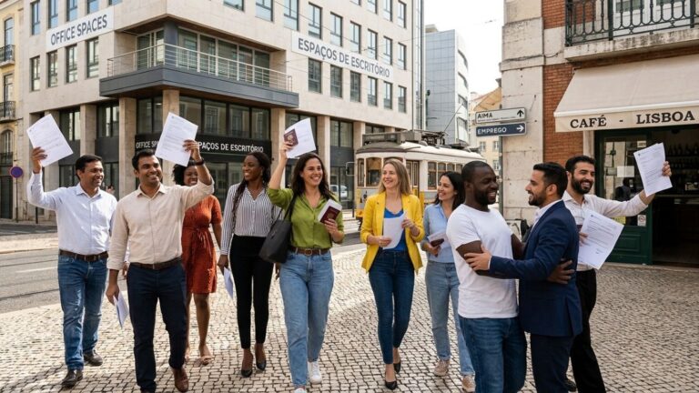 Portekiz oturum izni ve işveren değiştirme düzenlemesi için Lizbon sokaklarında belge taşıyan çalışanları gösteren temsilî görsel