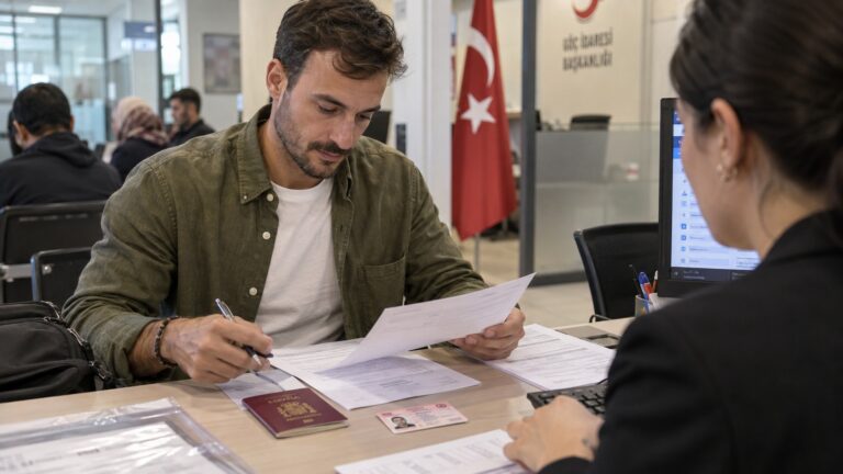 Renovación del permiso de residencia en Turquía con un solicitante español entregando documentos en una oficina de migración