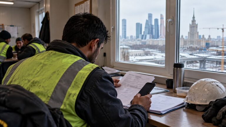 Rusya yabancı çalışan gelir denetimi kapsamında çalışma belgelerini inceleyen bir işçi