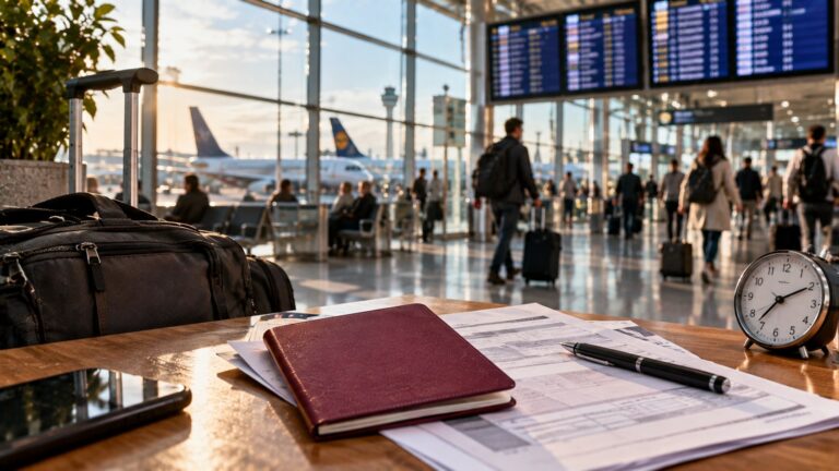 Schengen ve ulusal vize işlem süreleri için havalimanında pasaport, seyahat belgeleri, saat ve bavul