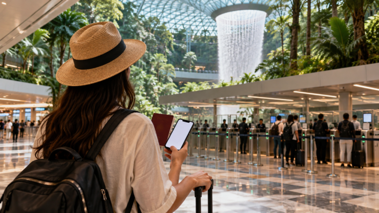 Singapur giriş formu SG Arrival Card için pasaport ve telefonuyla havalimanında bekleyen yolcu