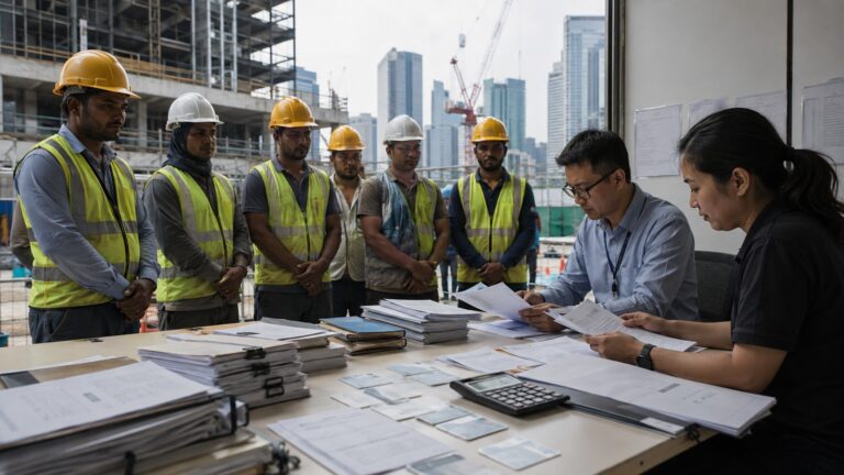 Singapur yabancı işçi kotası soruşturmasını temsil eden şantiye ofisi görseli
