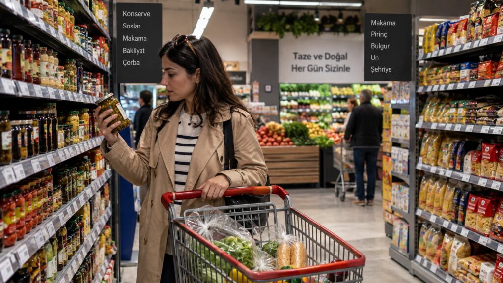Supermercados en Turquía: viajera compara un producto en un pasillo de supermercado