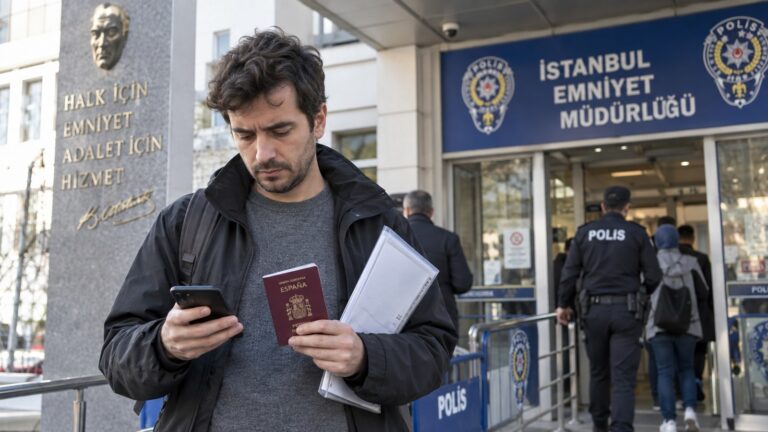 Tarjeta de residencia perdida o robada en Turquía con un ciudadano español consultando su teléfono frente a una comisaría en Estambul