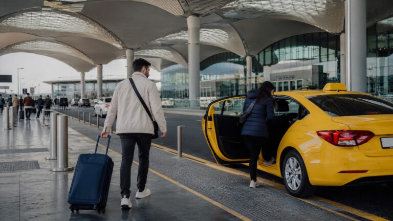Viajeros subiendo a un taxi oficial en la zona de llegadas del aeropuerto de Estambul