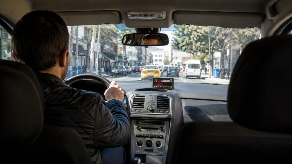 Vista desde el interior de un taxi en circulación por la ciudad con el taxímetro visible