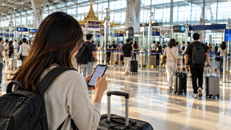Tayland THIM uygulaması haberini temsil eden havalimanında cep telefonunu kullanan yolcu