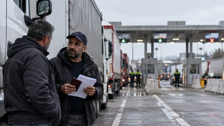 TIR şoförleri Schengen vizesi için pasaport ve nakliye evraklarını sınır kapısında kontrol ediyor; arka planda ağır vasıtalar