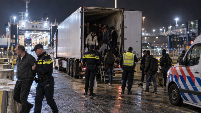 Türk şoför gözaltında haberini temsil eden, Vlaardingen terminalinde TIR dorsesini kontrol eden Hollanda polisi