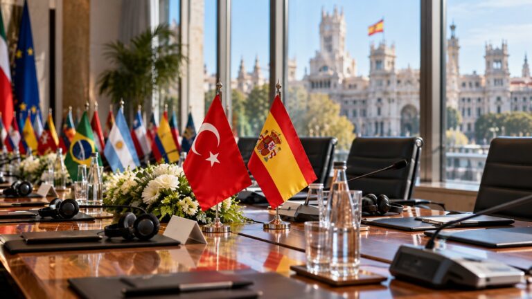 İber-Amerika Konferansı ortak gözlemciliğine ilişkin Türkiye ve İspanya bayraklarının yer aldığı diplomatik toplantı ortamı
