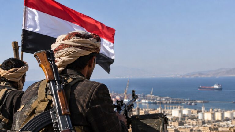 Türkiye ve Pakistan için Husi uyarısı konusunda Yemen kıyısında silahlı kişiler ve Kızıldeniz’i gösteren temsili görsel