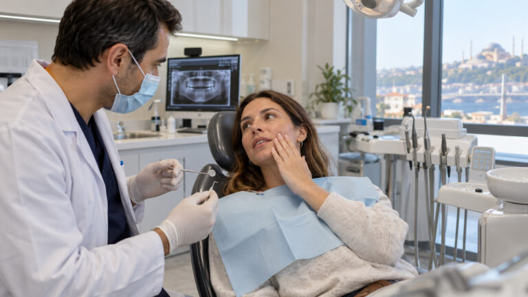 Urgencia dental en Turquía: un dentista atiende a una viajera con dolor de muelas en una consulta odontológica.
