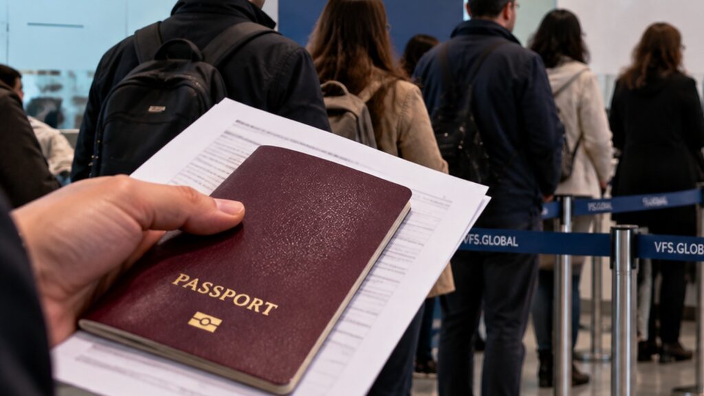 VFS Global vize randevu sistemi için başvuru merkezinde sıra bekleyen yolcular ve pasaport