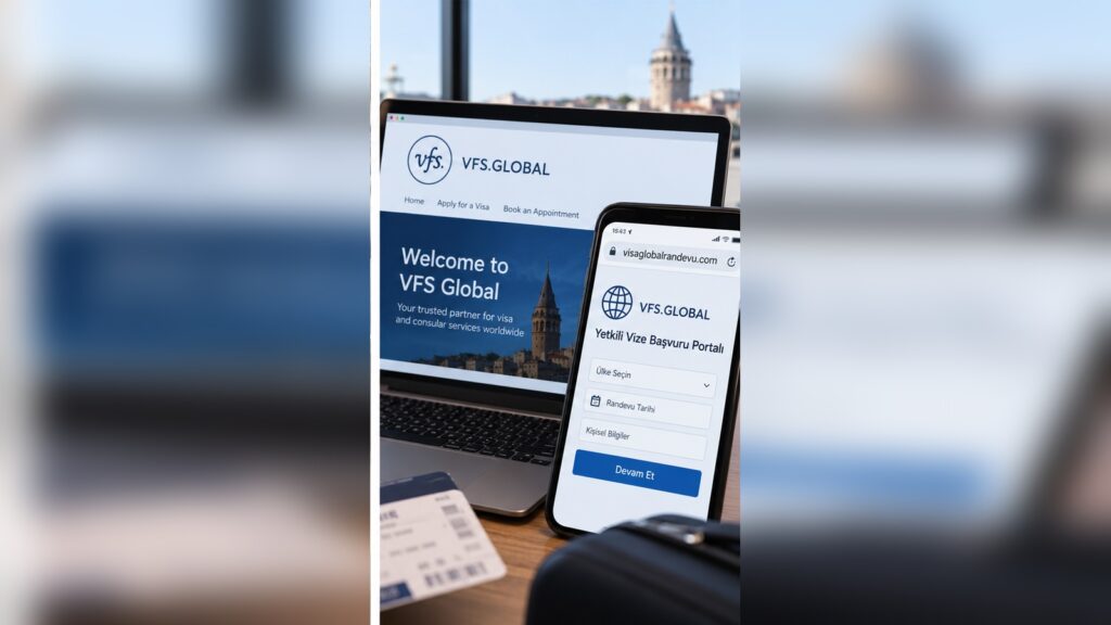 Kendine “VFS yetkili portalı” diyen site Almanya için de randevu sunuyor 1 VFS yetkili portalı iddiası ve resmî VFS Global adresi kontrolünü temsil eden bilgisayar ve pasaport