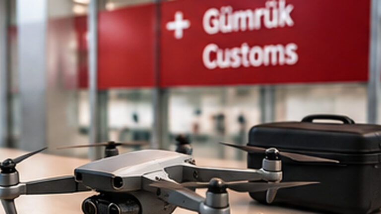 Un dron plegable y su mando sobre un mostrador aeroportuario, ante el área de aduanas.