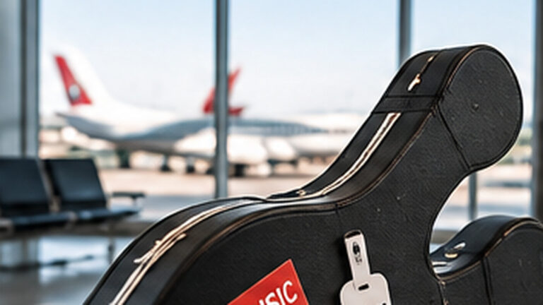 Un estuche rígido de instrumento musical junto a un ventanal de un aeropuerto.