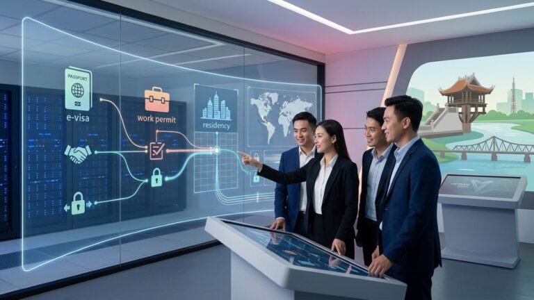 Vietnam e-vize çalışma izni ve ikamet bilgilerinin kurumlar arasında paylaşılmasını temsil eden dijital ekran