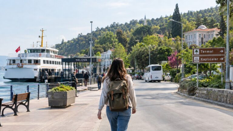 Yalova y Termal desde Estambul en un día, viajera caminando desde el muelle de Yalova hacia la zona termal