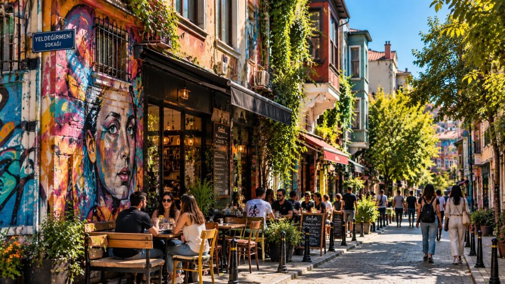 Yeldeğirmeni en Estambul: calle con arte urbano y cafés