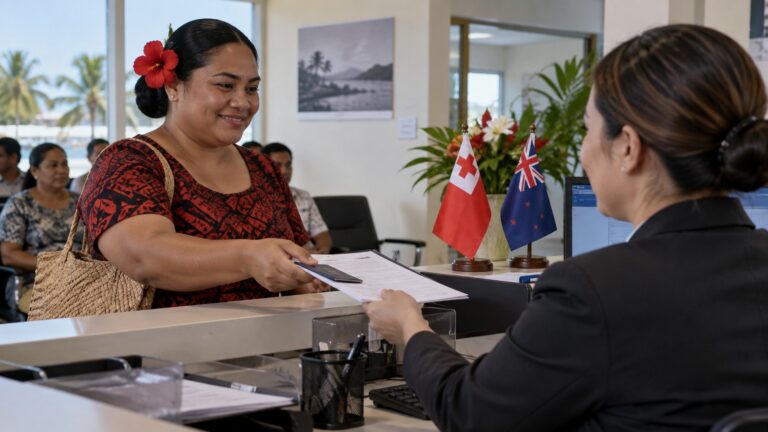 Yeni Zelanda Tonga vize merkezi açılışını temsil eden Tonga ve Yeni Zelanda bayraklı başvuru masası