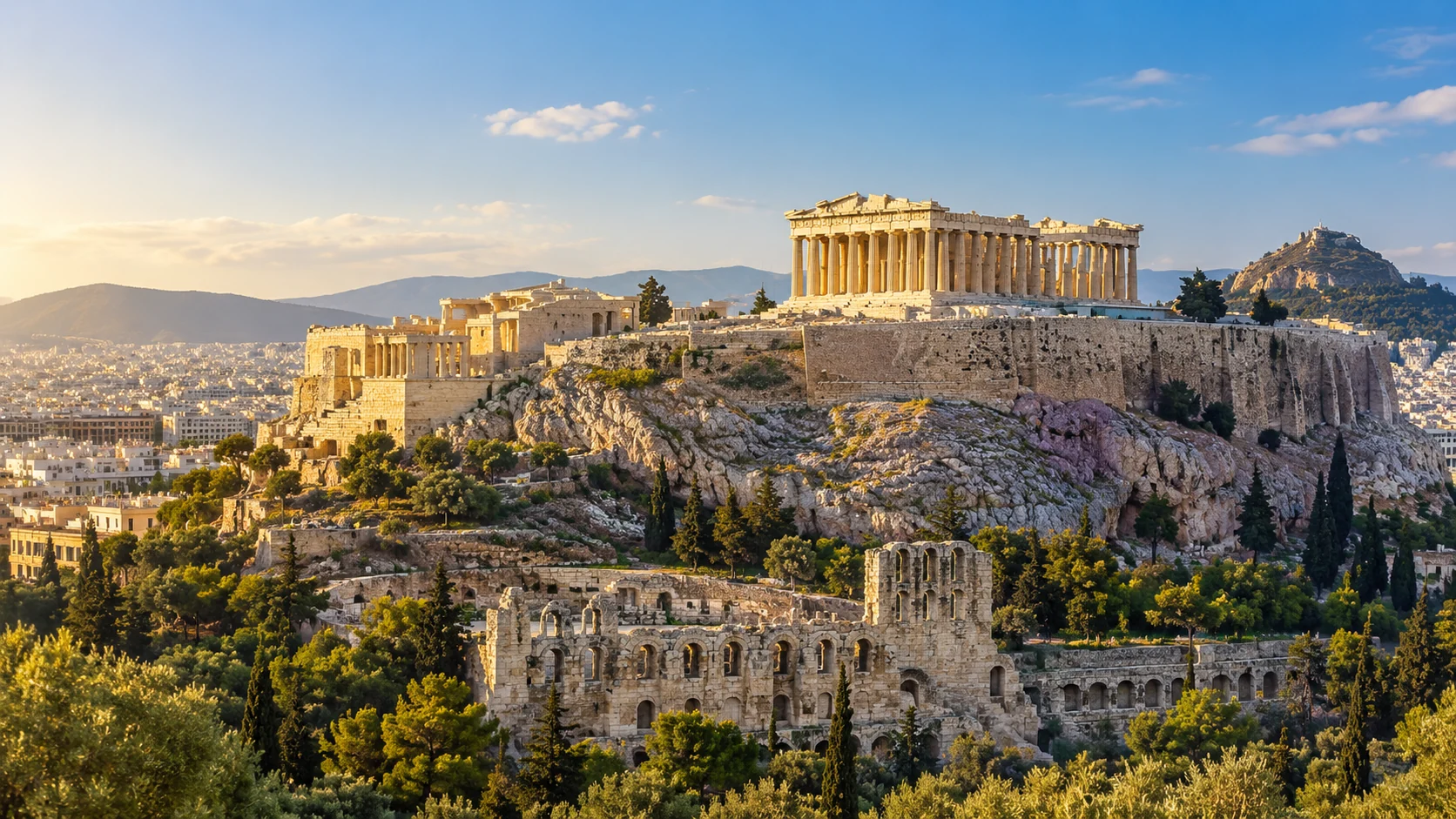 Yunanistan görülmesi gereken 4 yer — Atina Akropolisi, Parthenon ve şehrin temsili görünümü