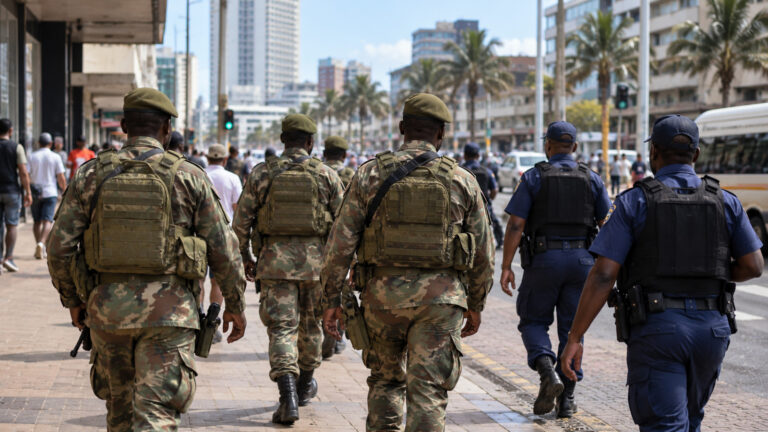 510 asker Güney Afrika Durban kentinde polisle birlikte güvenlik için devriye gezen temsili askerler