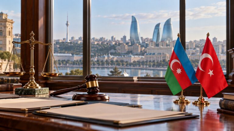 Azerbaycan'dan gıyabi tutuklama kararı için Azerbaycan ve Türkiye bayraklarının yer aldığı mahkeme atmosferi
