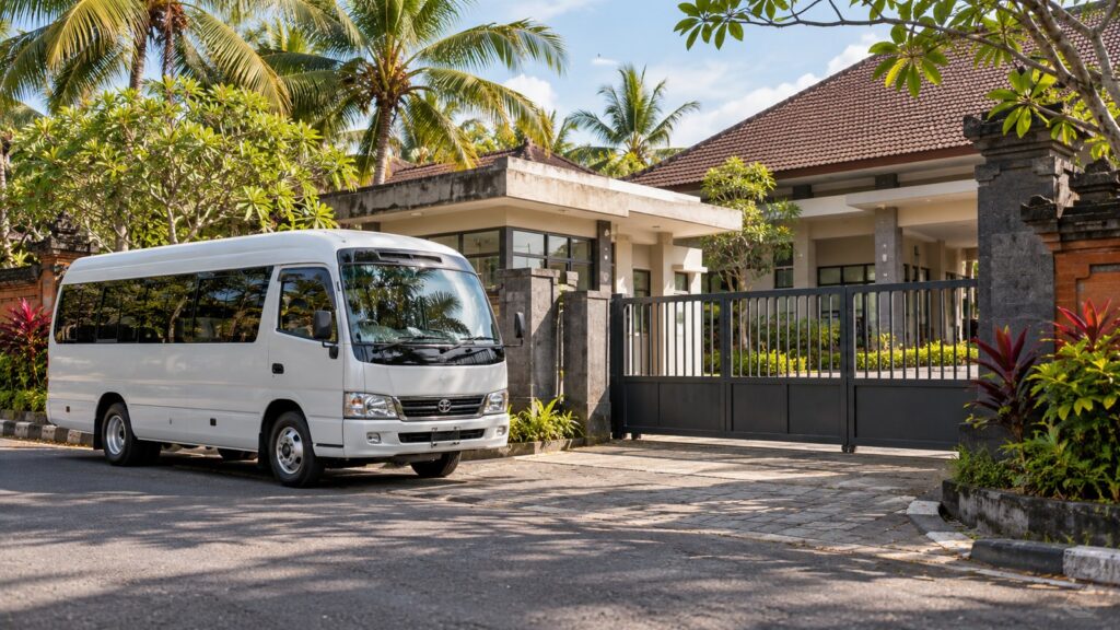 Bali'den Kupang'a nakil için Endonezya'da temsili göçmenlik idare binası ve beyaz minibüs