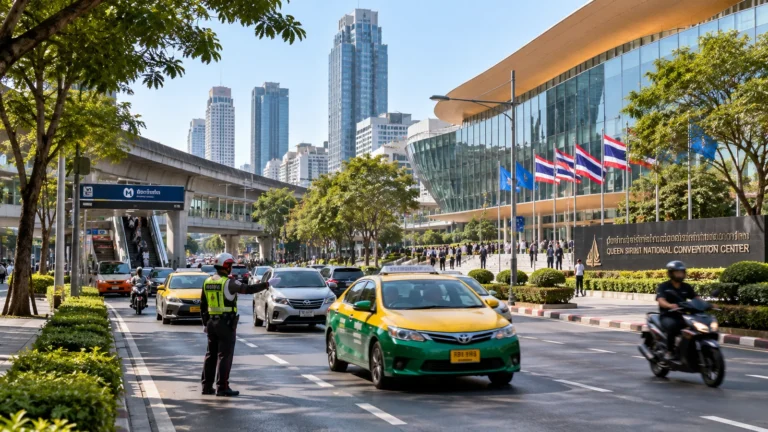 Bangkok trafik önlemleri için Queen Sirikit Kongre Merkezi çevresindeki polis ve ulaşım düzeni