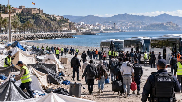 Ceuta Trampolín tahliyesi sırasında kabul alanlarına taşınan göçmenler