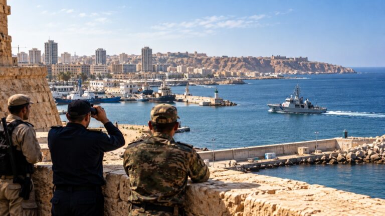 Doğu Libya kıyısındaki liman ve deniz devriyesini temsil eden özgün illüstratif görsel
