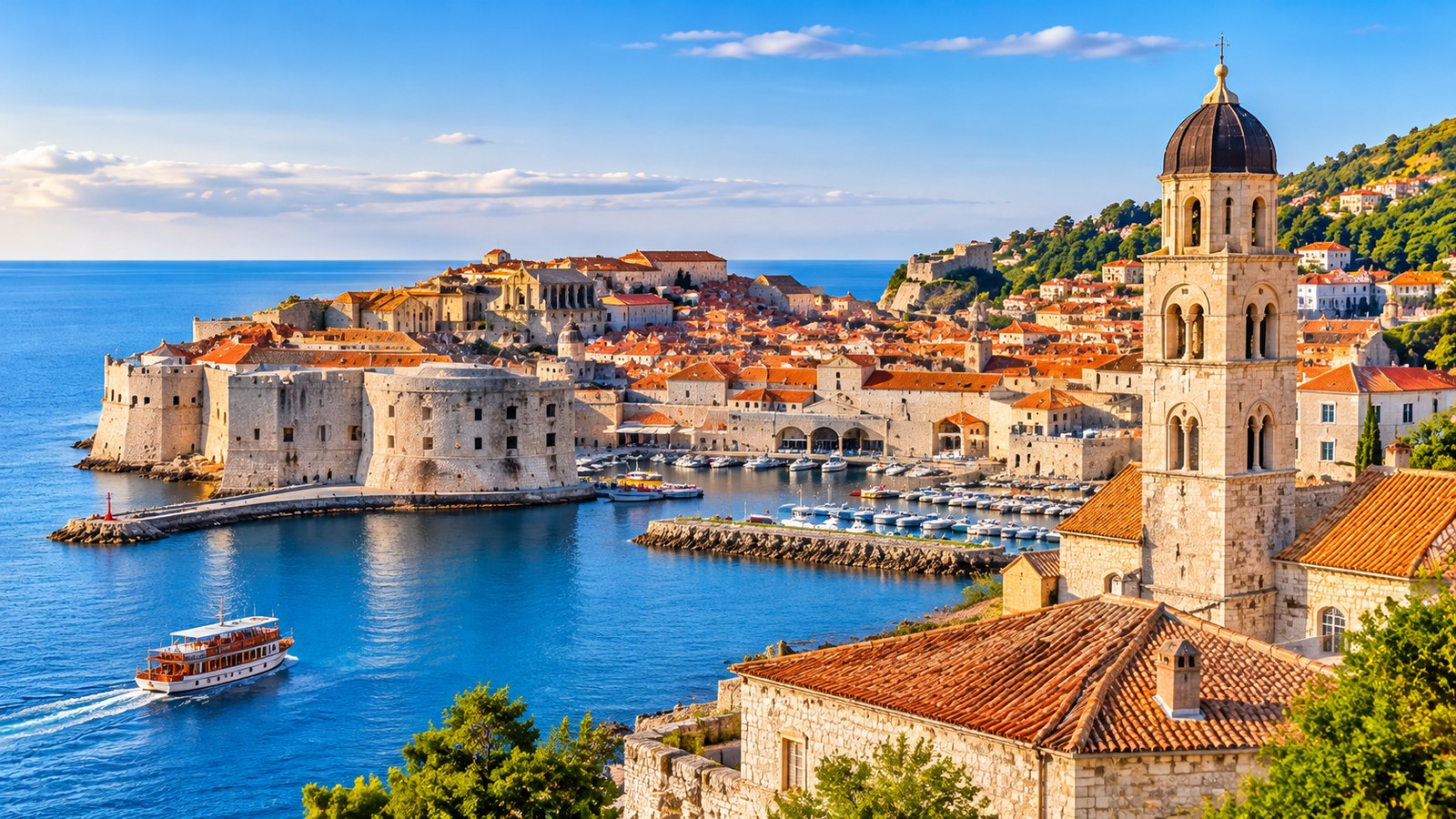 Dubrovnik eski liman çevresindeki tarihî surlar ve tekneler