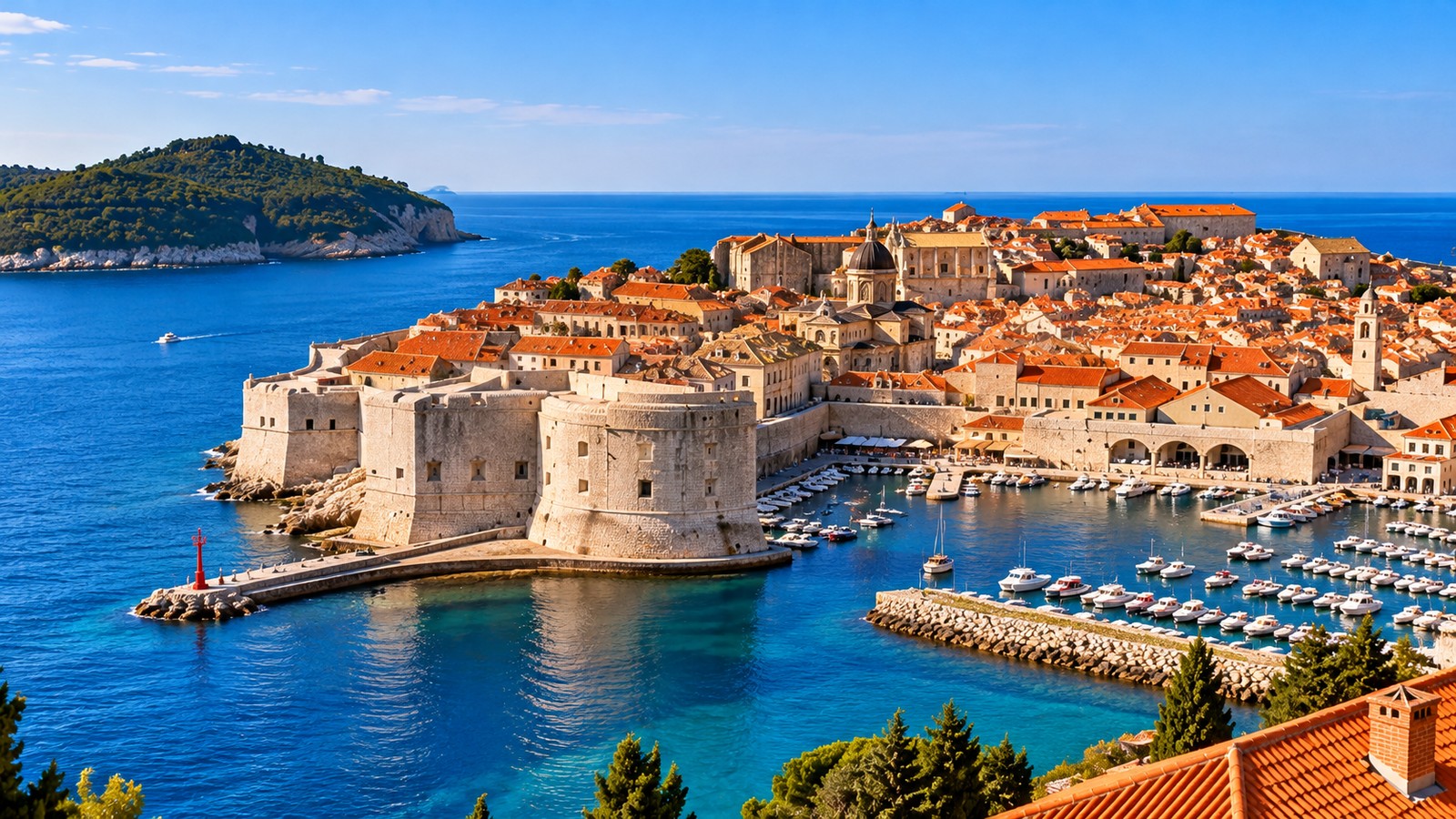 Dubrovnik tarihî merkezinde kırmızı kiremitli çatılar ve eski liman