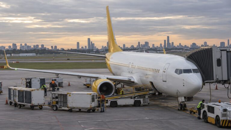 Flybondi para iadesi bekleyen yolcuları ilgilendiren şirket başvurusu için Arjantin havalimanında yolcu uçağı