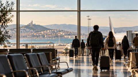 Gazze’deki Filistinliler için Fransa ve İngiltere önerisini simgeleyen havalimanında yolcular