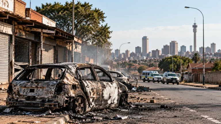 Güney Afrika protestoları ve yakılan araçların bulunduğu kentsel sokak