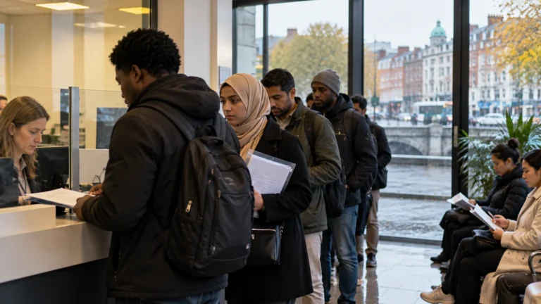 iltica başvuruları için İrlanda’da kamu hizmeti binasında belge teslim eden başvuru sahipleri