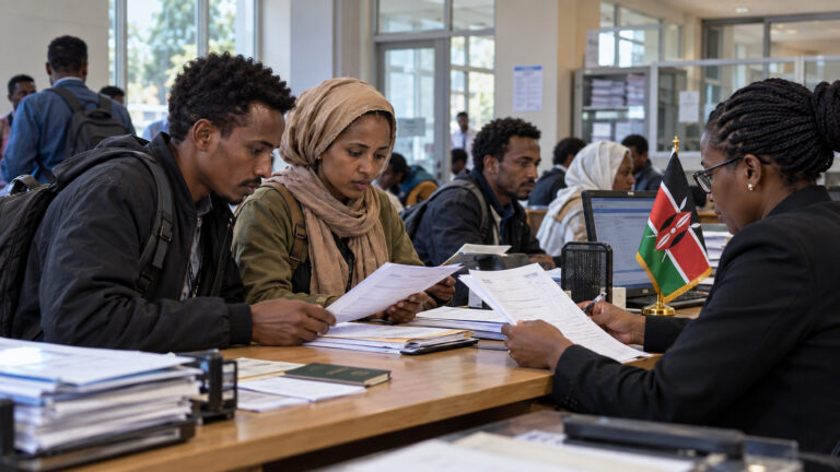 Kenya iltica yasağı hakkında sığınma kayıt ofisinde başvuru belgelerini inceleyen kişiler
