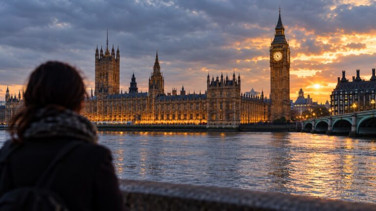 İngiltere iltica tasarısı ve insan ticareti mağdurlarının tanınması tartışmasına ilişkin Westminster önünde bir kişinin bulunduğu özgün temsili görsel