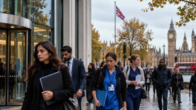 İngiltere vize başvuruları için Londra sokaklarında işçiler ve sağlık personeli