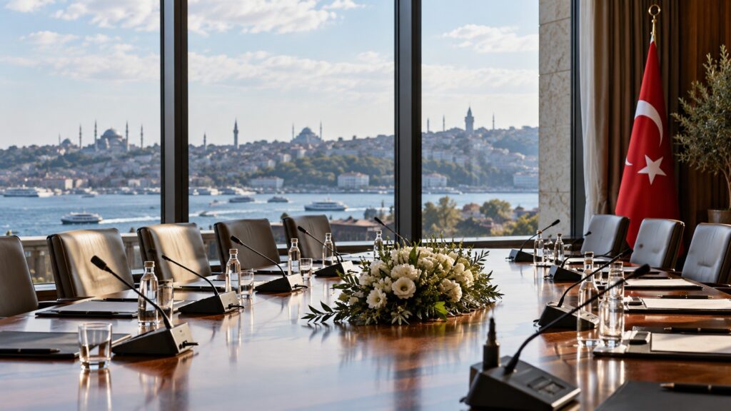 İran görüşmeleri için Türkiye’de boş diplomatik toplantı salonu ve İstanbul manzarası