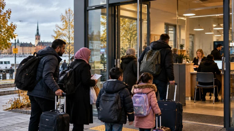 İsveç mülteci kotası haberinde ailelerin göçmen kabul merkezine girişi
