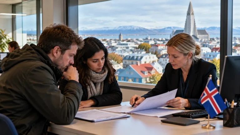 İzlanda kalıcı oturum ve aile birleşimi başvurusu için Reykjavik manzarası önünde belgeleri inceleyen kişiler