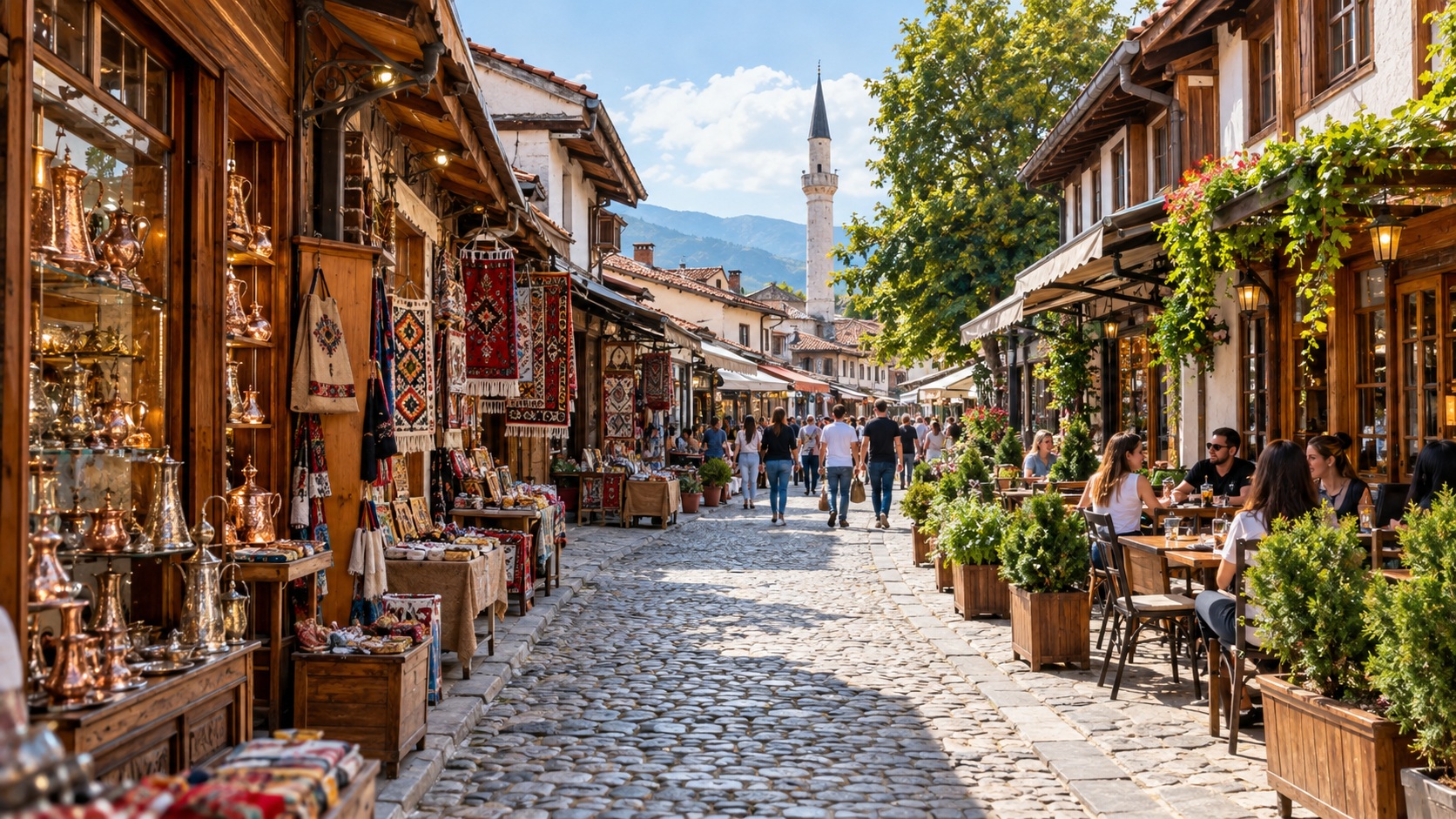 Yakova Büyük Çarşı'da ahşap dükkânlar ve arnavut kaldırımlı sokak