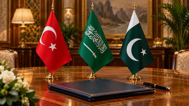 Mekke Anlaşması şartları: Türkiye, Suudi Arabistan ve Pakistan bayraklarının yer aldığı özgün temsili toplantı görseli