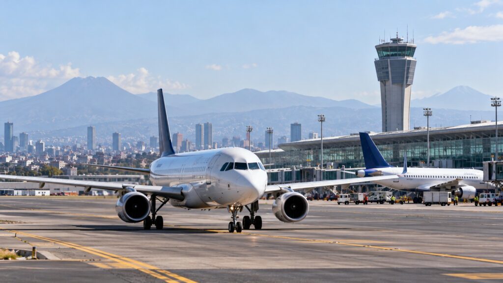 Meksika'dan ABD'ye uçuşlar için Mexico City havalimanı temsilî uçak ve terminal görseli