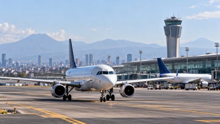 Meksika'dan ABD'ye uçuşlar için Mexico City havalimanı temsilî uçak ve terminal görseli