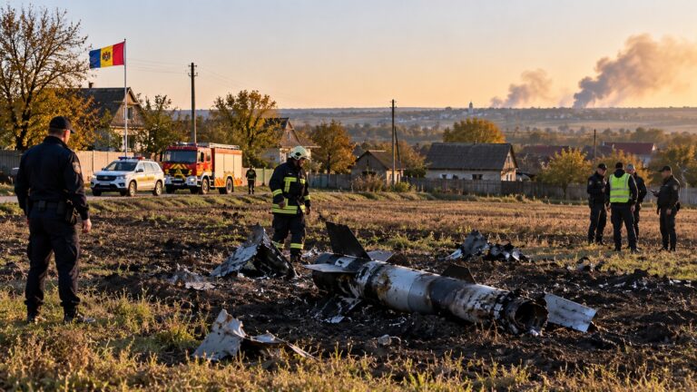 Moldova hava sahası ihlali sonrası kırsal alanda enkaz incelemesini temsil eden görsel