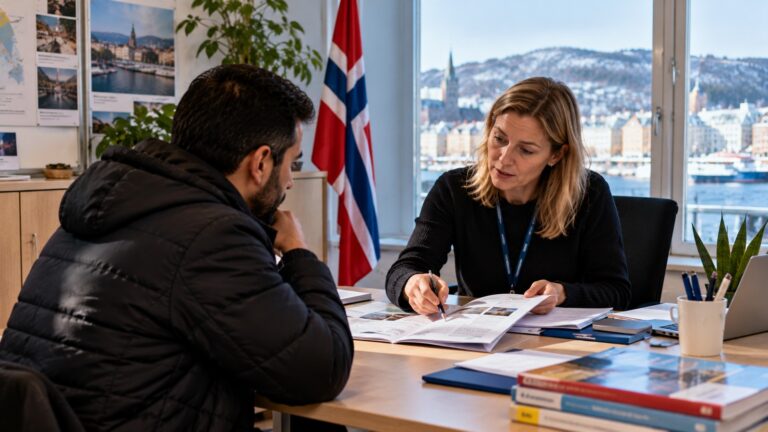 Norveç entegrasyon beyannamesi için belediye görevlisiyle belge inceleyen yeni gelen kişi
