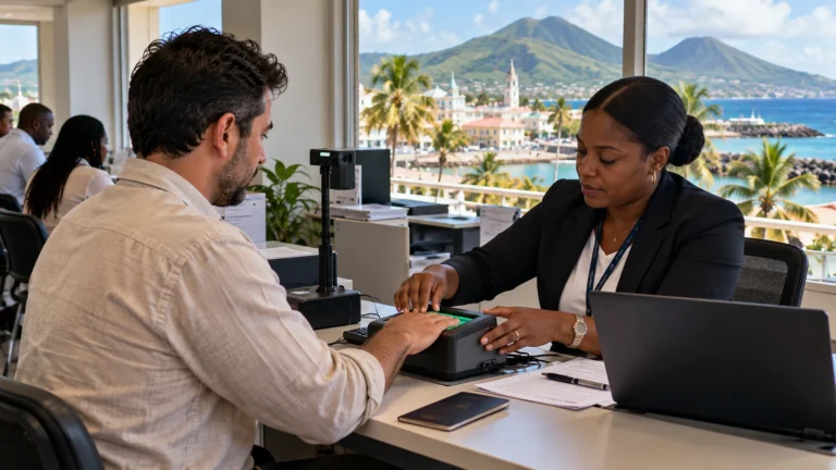 Saint Kitts ve Nevis biyometrik kayıt işleminde pasaport sahibi ve görevli parmak izi taraması yapıyor
